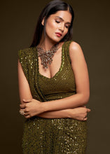 Carica l&#39;immagine nel visualizzatore Galleria,Army Green Sequins &amp; Thread Embroidered Designer Georgette Saree