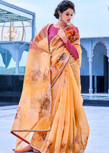 Load image into Gallery viewer, Orange Yellow Floral Handprinted Organza Silk Saree