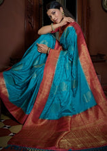 Carica l&#39;immagine nel visualizzatore Galleria,Azure Blue Designer Satin Silk Saree