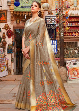 Cargar imagen en el visor de la galería, Cedar Brown Linen Silk Saree with Colorful Weaving work