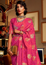 Load image into Gallery viewer, Hot Pink Satin Woven Silk Saree with overall Golden Buti