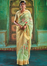 Cargar imagen en el visor de la galería, Pastel Green Zari Woven Linen Silk Saree Having Floral Digital Print