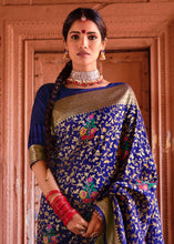 Load image into Gallery viewer, Berry Blue Floral Zari Woven Dola Silk Saree