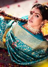 Load image into Gallery viewer, Cerulean Blue Floral Zari Woven Dola Silk Saree