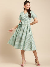 Load image into Gallery viewer, Midi Printed Dress with overlap neck and side tie