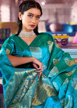 Carica l&#39;immagine nel visualizzatore Galleria,Sapphire Blue Satin Silk Saree with overall Golden Butti