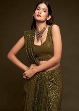 Carica l&#39;immagine nel visualizzatore Galleria,Army Green Sequins &amp; Thread Embroidered Designer Georgette Saree