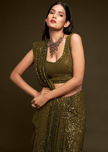 Army Green Sequins & Thread Embroidered Designer Georgette Saree