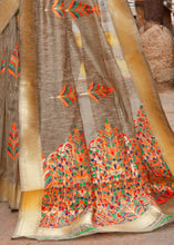 Laden Sie das Bild in den Galerie-Viewer, Cedar Brown Linen Silk Saree with Colorful Weaving work