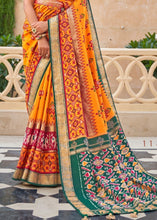 Cargar imagen en el visor de la galería, Yellow &amp; Green Patola Silk Saree with Zari Border &amp; Tassels On Pallu