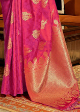 Load image into Gallery viewer, Hot Pink Satin Woven Silk Saree with overall Golden Buti