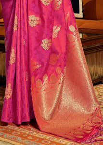 Hot Pink Satin Woven Silk Saree with overall Golden Buti