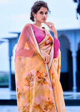 Load image into Gallery viewer, Orange Yellow Floral Handprinted Organza Silk Saree