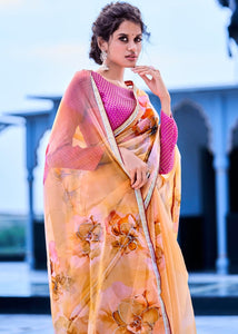 Orange Yellow Floral Handprinted Organza Silk Saree