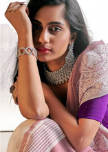 Carica l&#39;immagine nel visualizzatore Galleria,Light Lilac Purple Soft Linen Silk Saree with Lucknowi work and Sequence Blouse