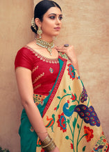 Laden Sie das Bild in den Galerie-Viewer, Teal Blue Woven Paithani Banarasi Silk Saree with Swarovski work &amp; Embroidered Blouse