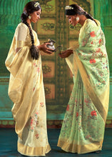 Cargar imagen en el visor de la galería, Pastel Green Zari Woven Linen Silk Saree Having Floral Digital Print