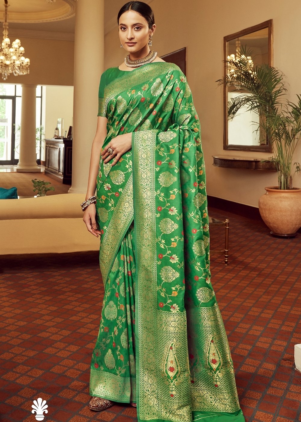 Emerald Green Zari Butta Woven Banasari Silk Saree