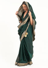 Load image into Gallery viewer, Castleton Green Woven Banarasi Silk Saree with overall Mukaish work