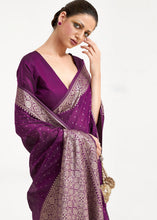 Load image into Gallery viewer, Eggplant Purple Woven Banarasi Silk Saree with overall Mukaish work