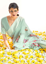 Load image into Gallery viewer, Tea Green Chikankari Silk Saree with Floral Digital Print