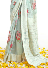 Load image into Gallery viewer, Tea Green Chikankari Silk Saree with Floral Digital Print