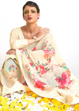 Load image into Gallery viewer, Parchment White Chikankari Silk Saree with Floral Digital Print