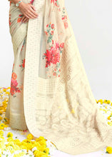 Load image into Gallery viewer, Parchment White Chikankari Silk Saree with Floral Digital Print