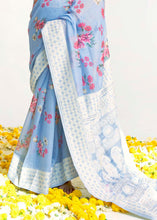 Load image into Gallery viewer, Sky Blue Chikankari Silk Saree with Floral Digital Print