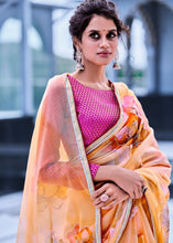 Cargar imagen en el visor de la galería, Orange Yellow Floral Handprinted Organza Silk Saree