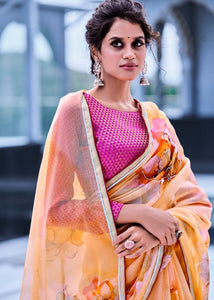 Orange Yellow Floral Handprinted Organza Silk Saree