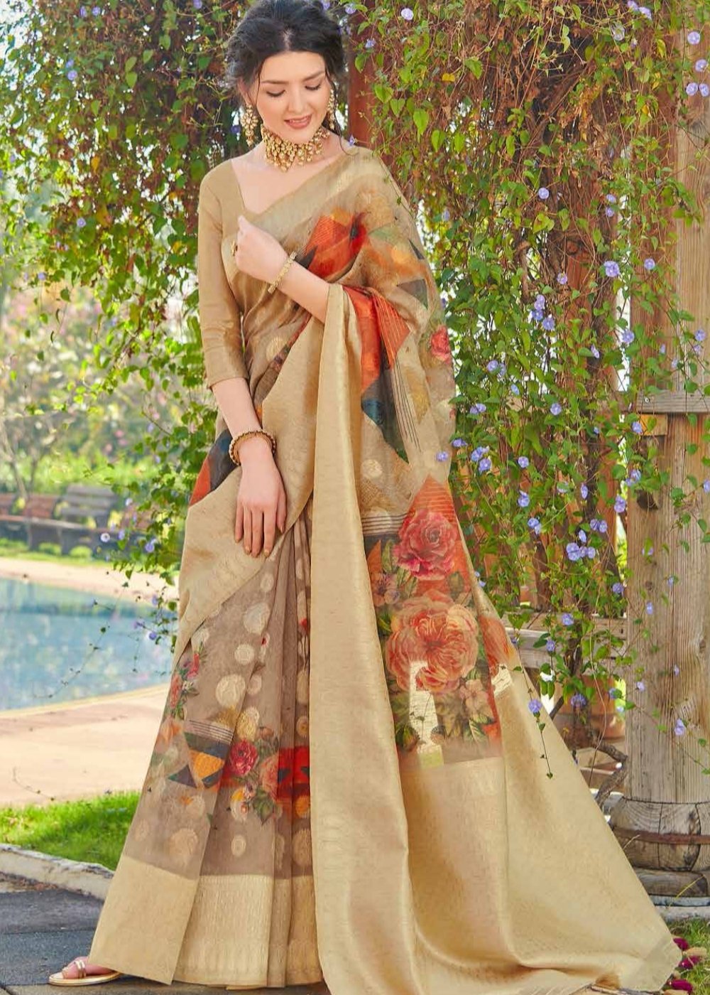 Tortilla Brown Zari Woven Floral Linen Silk Saree