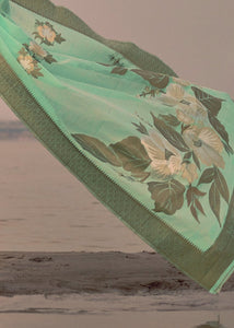 Mint Green Woven Linen Silk Saree with Floral Motif on Pallu and Border