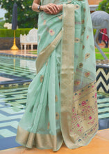 Load image into Gallery viewer, Emerald Green Woven Linen Silk Saree