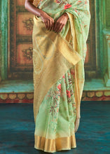 Cargar imagen en el visor de la galería, Pastel Green Zari Woven Linen Silk Saree Having Floral Digital Print