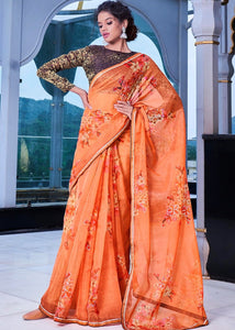 Amber Orange Floral Handprinted Organza Silk Saree