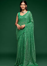 Cargar imagen en el visor de la galería, Shamrock Green Sequins &amp; Thread Embroidered Designer Georgette Saree