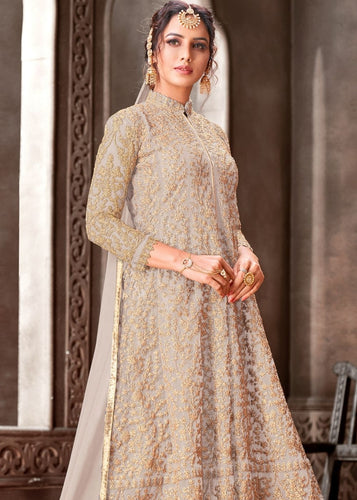 Oat Brown Designer Net Anarkali Suit with Full Thread Embroidery Work