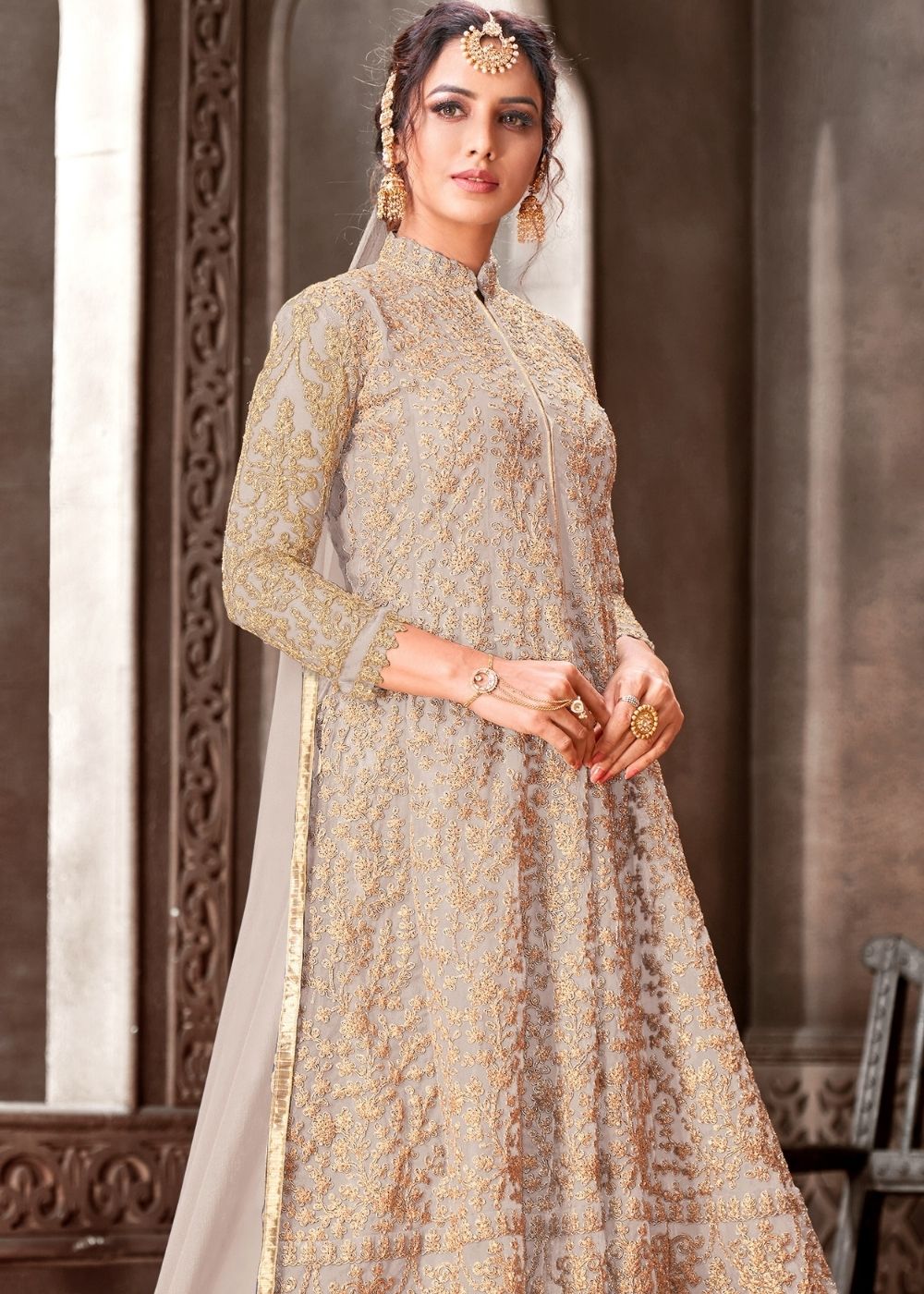 Oat Brown Designer Net Anarkali Suit with Full Thread Embroidery Work