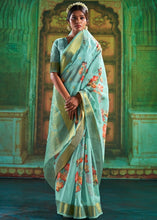 Cargar imagen en el visor de la galería, Deep Sky Blue Zari Woven Linen Silk Saree Having Floral Digital Print