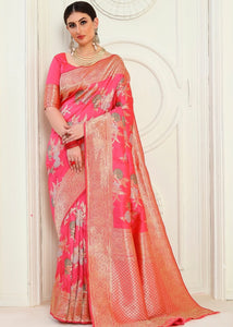 Strawberry Pink Zari Woven Banarasi Silk Saree