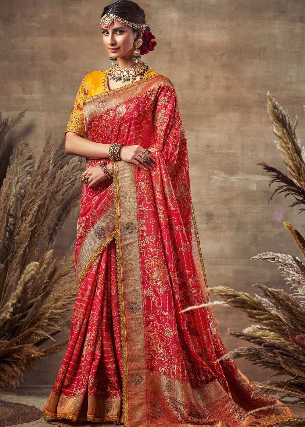 Cardinal Red Bandhani Print Soft Silk Designer Saree