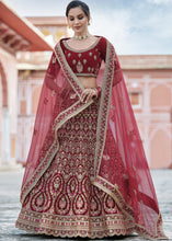 Cargar imagen en el visor de la galería, Cerise Pink Velvet Lehenga Choli Having Heavy Embroidery &amp; Hand work: Bridal Edition