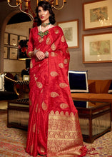 Load image into Gallery viewer, Cherry Red Pure Satin Woven Silk Saree with overall Golden Buti