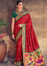 Laden Sie das Bild in den Galerie-Viewer, Crimson Red Woven Paithani Banarasi Silk Saree with Swarovski work &amp; Embroidered Blouse