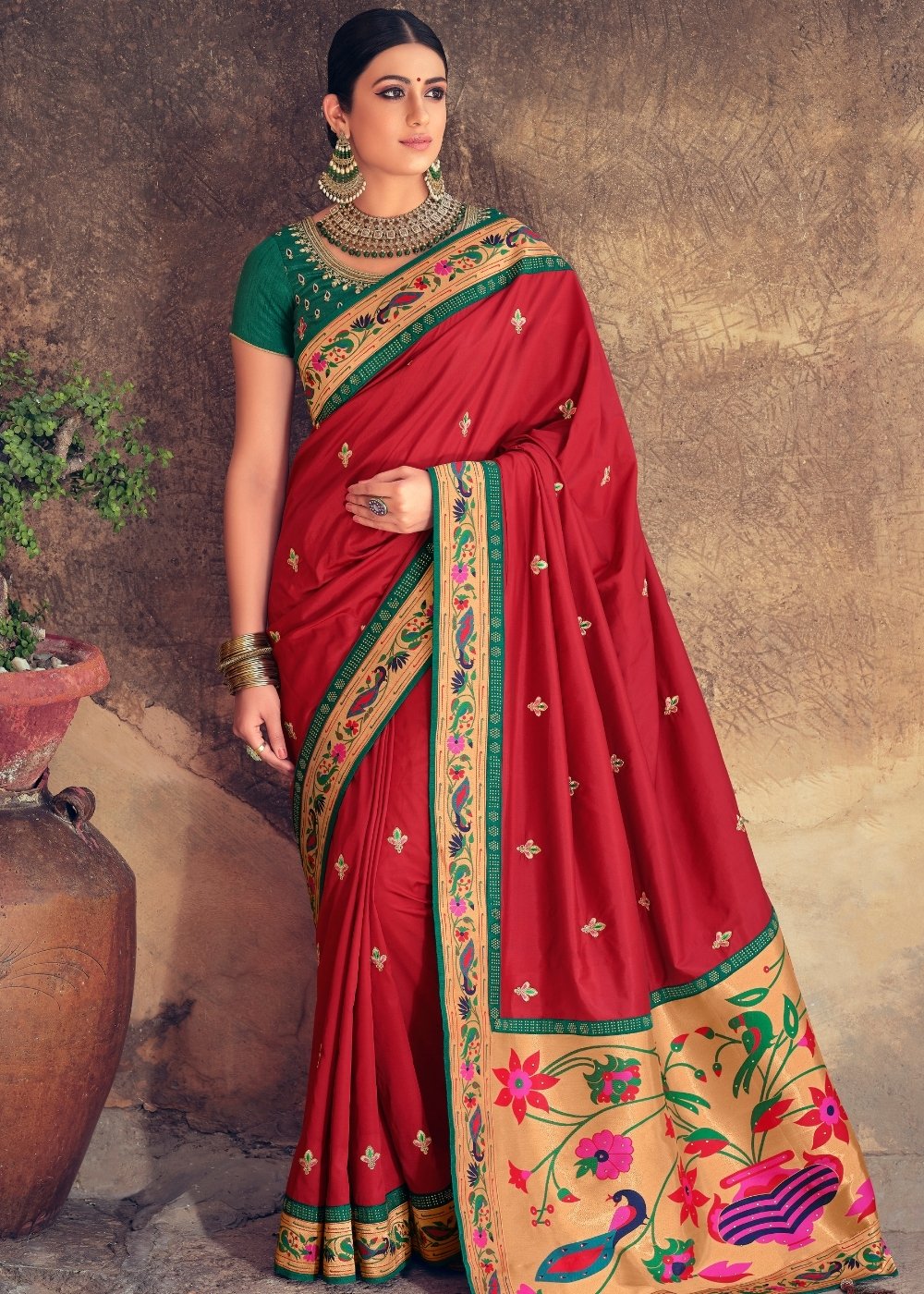 Crimson Red Woven Paithani Banarasi Silk Saree with Swarovski work & Embroidered Blouse