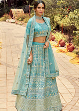 Load image into Gallery viewer, Light Turquoise Blue Organza Lehenga Choli with Zarkan,Gota,Zari &amp; Resham work