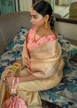 Load image into Gallery viewer, Light Golden Zari Weaving Tissue Silk Saree with kalamkari Print Blouse