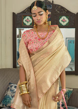 Load image into Gallery viewer, Light Golden Zari Weaving Tissue Silk Saree with kalamkari Print Blouse