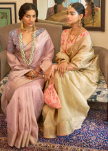 Load image into Gallery viewer, Light Golden Zari Weaving Tissue Silk Saree with kalamkari Print Blouse